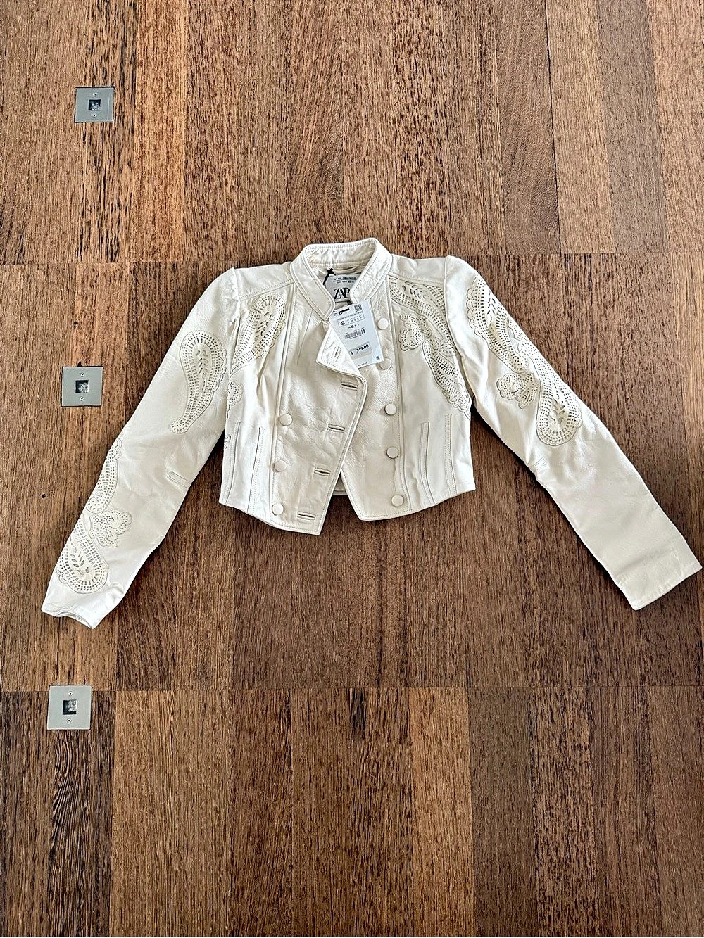 Zara White Embellished Leather Jacket Size Small